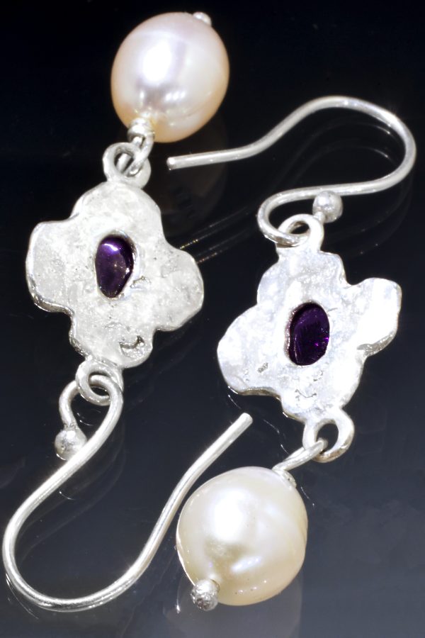 Greek Cross Silver Amethyst Pearl Treasure Earrings