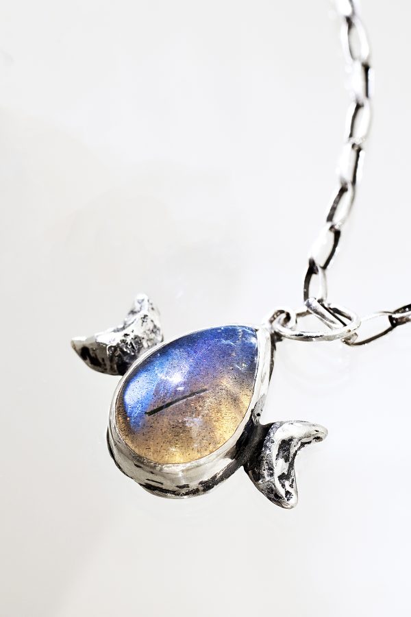 Triple Moon Goddess Labradorite Drop Silver Necklace