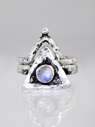 Silver Rainbow Moonstone Water Element Crowned Double Ring