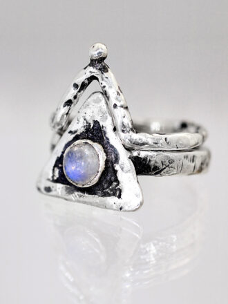 Silver Rainbow Moonstone Water Element Crowned Double Ring