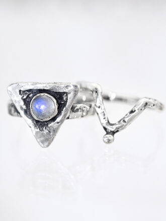 Silver Rainbow Moonstone Water Element Crowned Double Ring