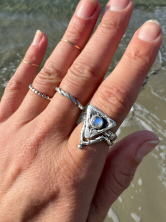 Silver Rainbow Moonstone Water Element Crowned Double Ring