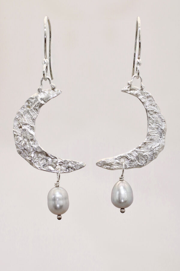 Silver Pearl Crescent Moon Balance Earrings