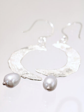 Silver Pearl Crescent Moon Balance Earrings