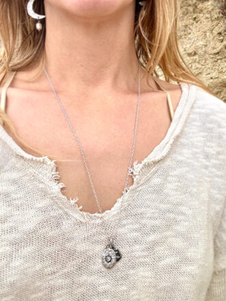 Silver Diamond Shield And Coin Necklace