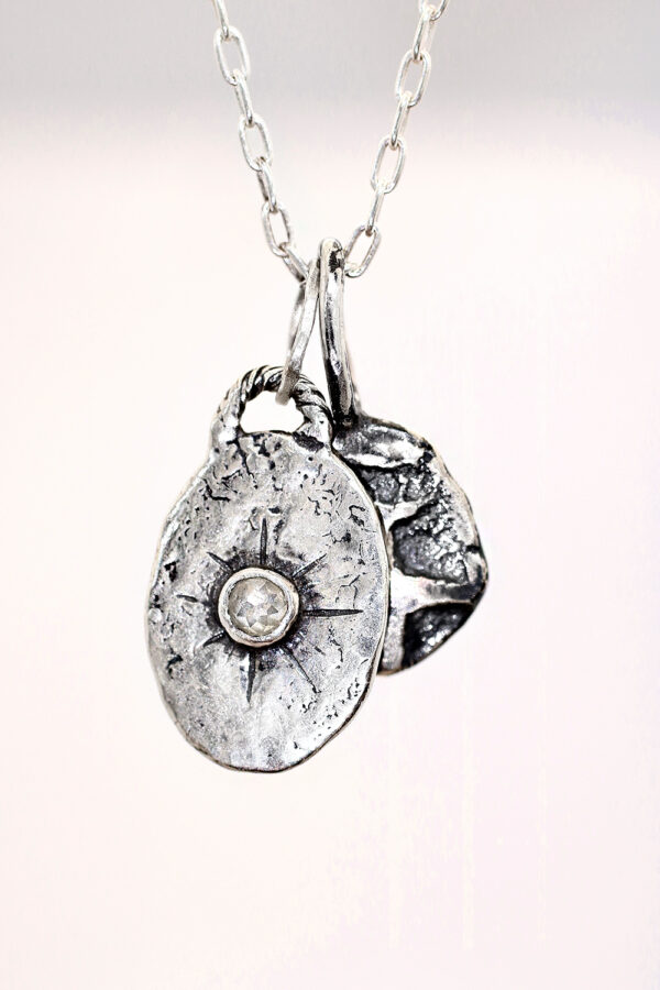 Silver Diamond Shield And Coin Necklace