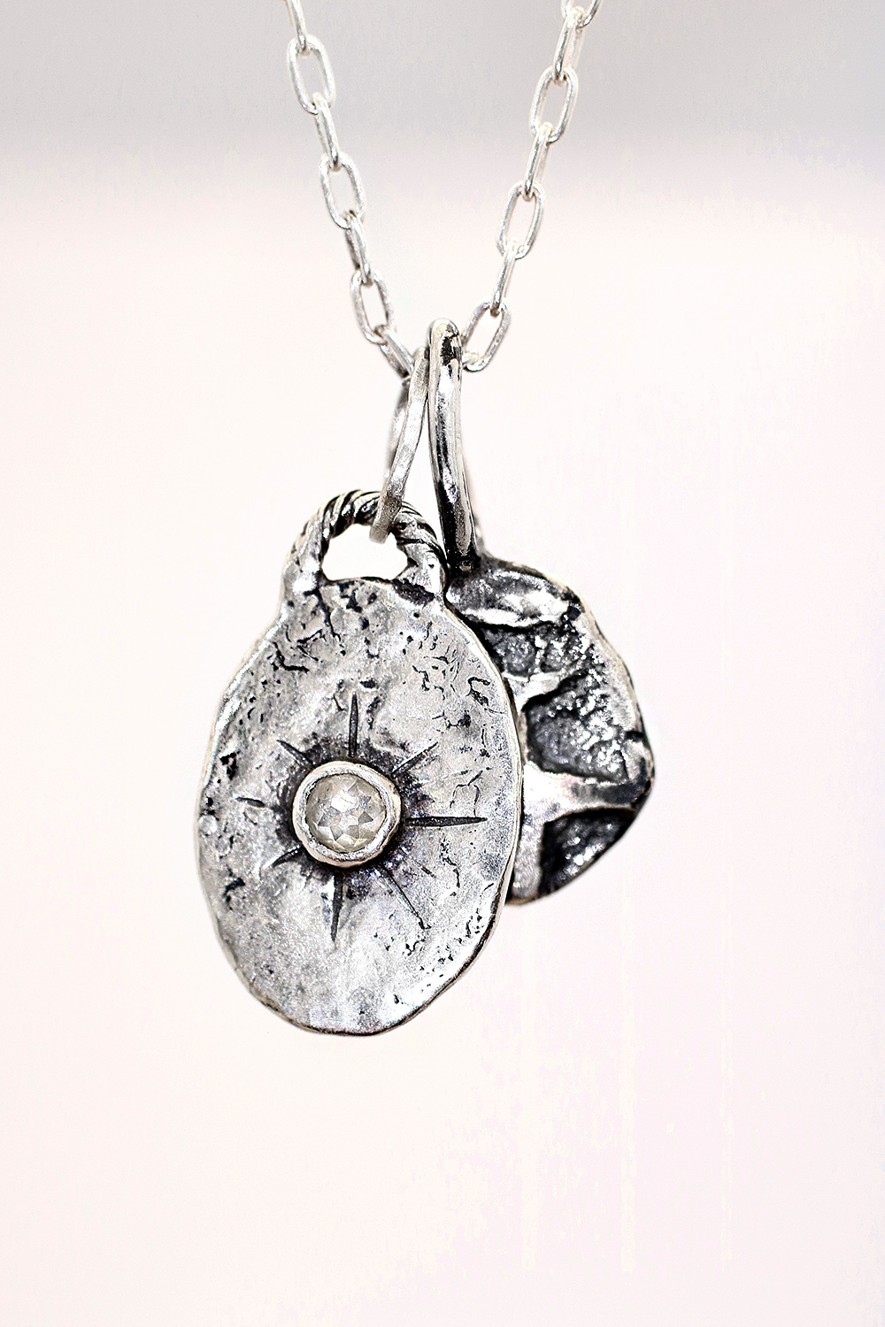 Silver Diamond Shield And Coin Necklace