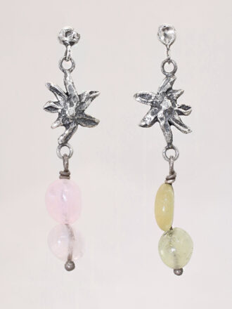 Silver Flower Morganite Green Beryl Earrings