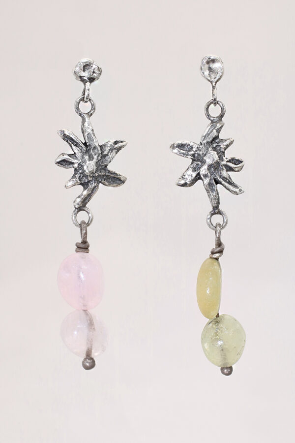 Silver Flower Morganite Green Beryl Earrings