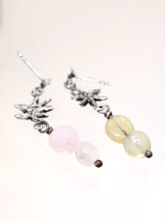 Silver Flower Morganite Green Beryl Earrings