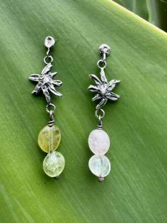 Silver Flower Morganite Green Beryl Earrings