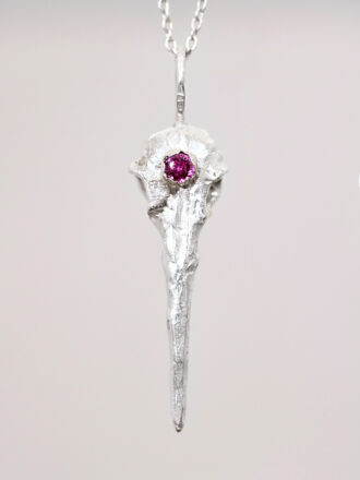 Silver Ruby Hummingbird Skull Necklace