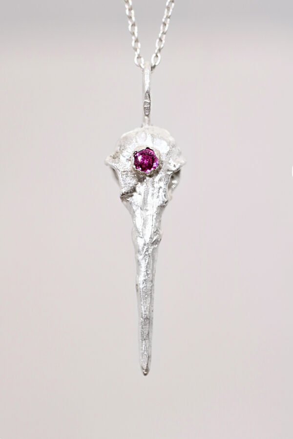 Silver Ruby Hummingbird Skull Necklace