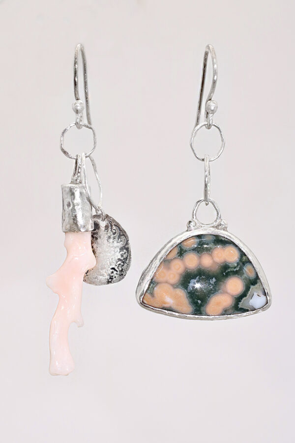 Beach Mismatch Silver Coral Ocean Jasper Earrings