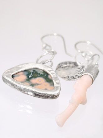 Beach Mismatch Silver Coral Ocean Jasper Earrings