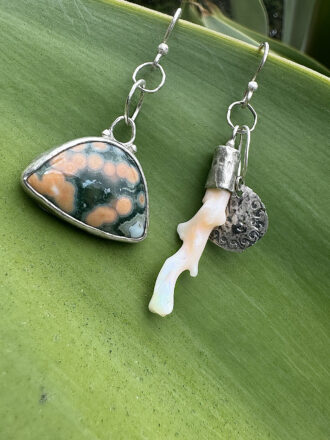 Beach Mismatch Silver Coral Ocean Jasper Earrings