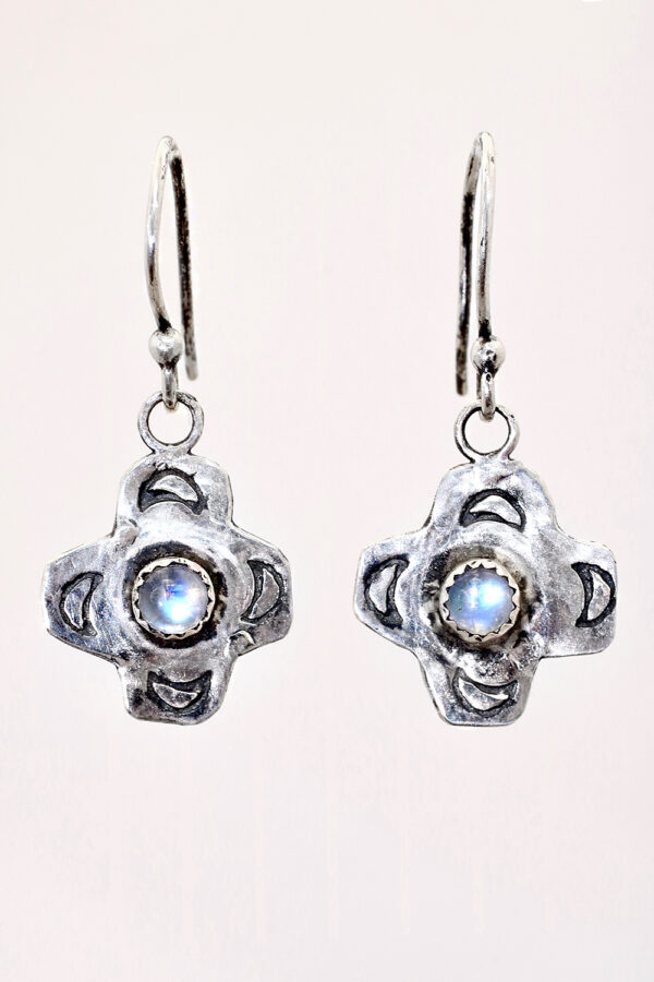 Rainbow Moonstone Silver Cross Earrings