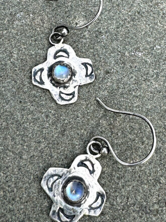 Rainbow Moonstone Silver Cross Earrings