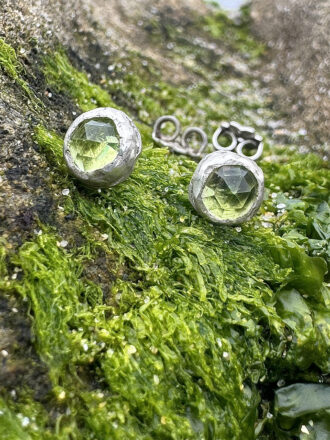Rose Cut Peridot Silver Stud Earrings