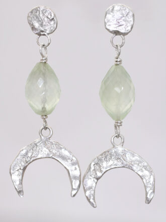 Prehnite Silver Crescent Moon Earrings