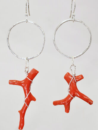 Silver Red Branch Coral Hoop Earrings