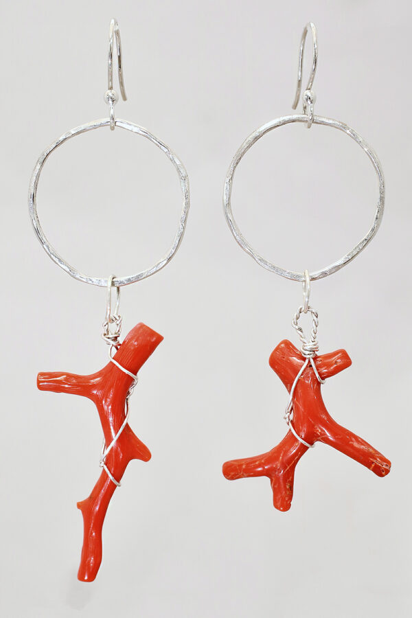 Silver Red Branch Coral Hoop Earrings