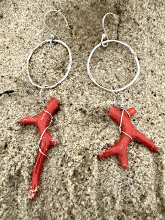 Silver Red Branch Coral Hoop Earrings