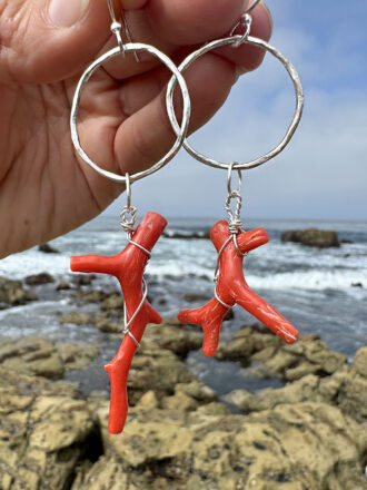Silver Red Branch Coral Hoop Earrings