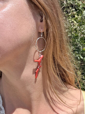 Silver Red Branch Coral Hoop Earrings