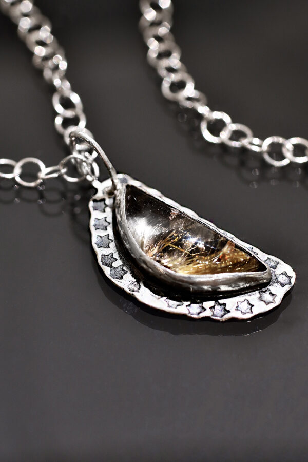 Golden Moon Beams Silver Rutilated Quartz Necklace