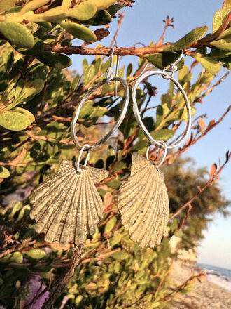 Gray Seashell Silver Hoop Earrings