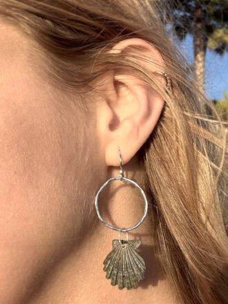 Gray Seashell Silver Hoop Earrings