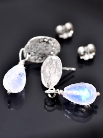 Silver Ocean Coin Rainbow Moonstone Earrings