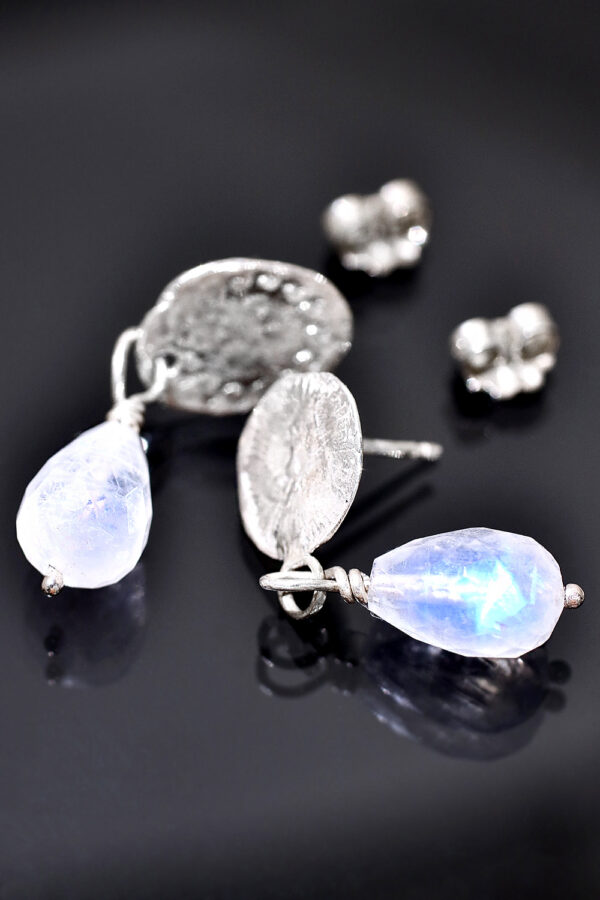 Silver Ocean Coin Rainbow Moonstone Earrings