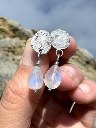 Silver Ocean Coin Rainbow Moonstone Earrings
