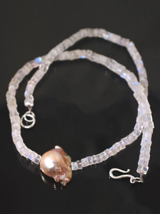 Pink Pearl Silver Rainbow Moonstone Necklace