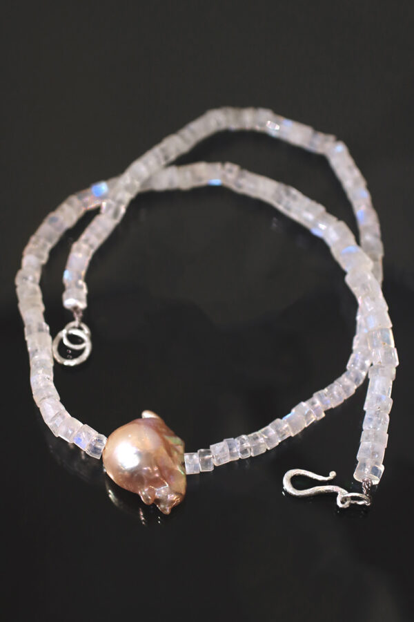 Pink Pearl Silver Rainbow Moonstone Necklace