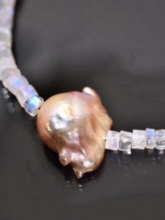 Pink Pearl Silver Rainbow Moonstone Necklace