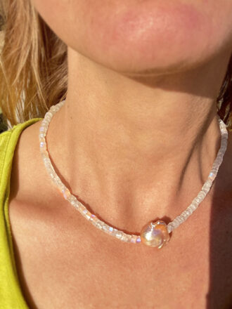 Pink Pearl Silver Rainbow Moonstone Necklace