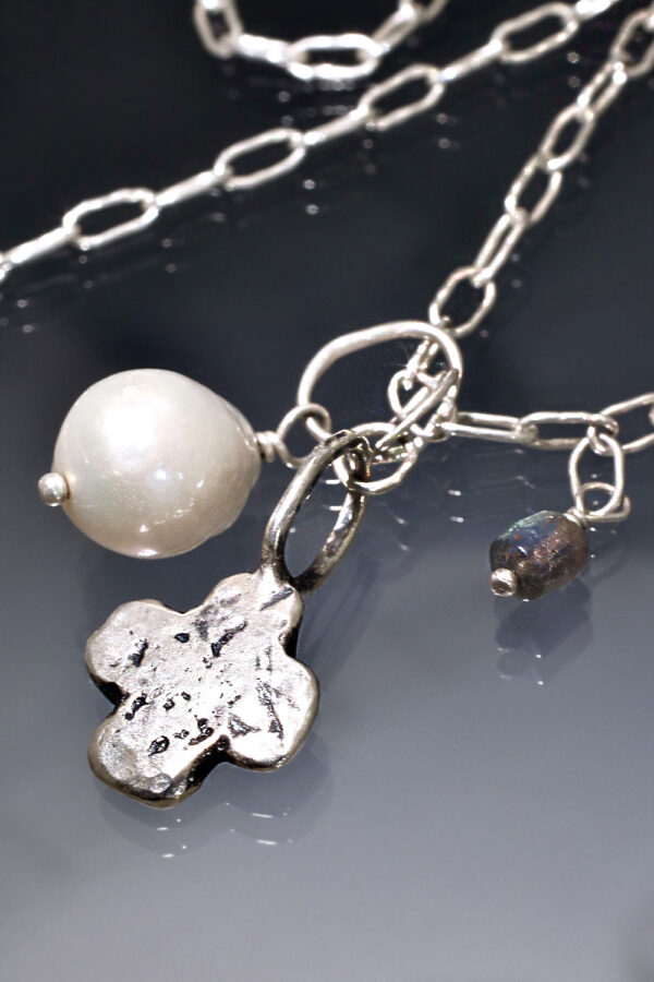 Silver Beach Cross Pearl Necklace