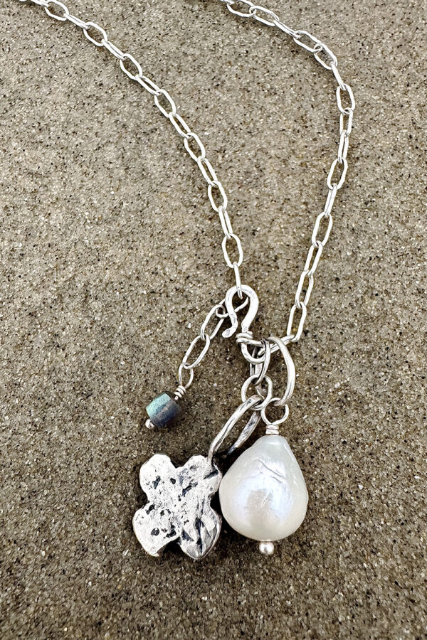 Silver Beach Cross Pearl Necklace