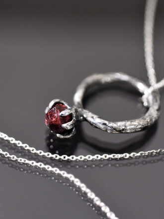 Raw Garnet Crystal Meteor Silver Ring Necklace