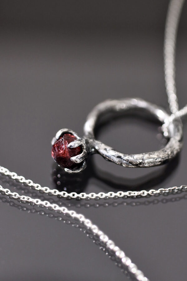 Raw Garnet Crystal Meteor Silver Ring Necklace