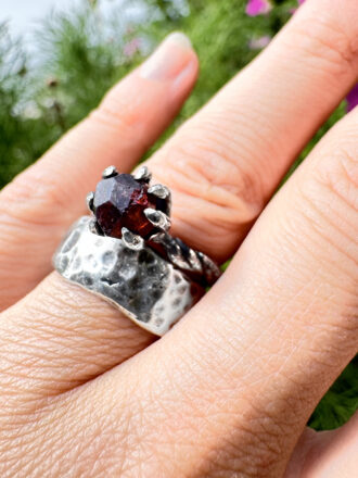 Raw Garnet Crystal Meteor Silver Ring Necklace