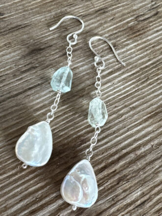 Beneath Waves Pearl Aquamarine Silver Earrings