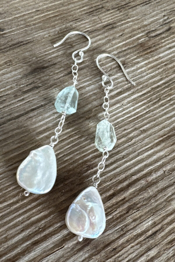 Beneath Waves Pearl Aquamarine Silver Earrings