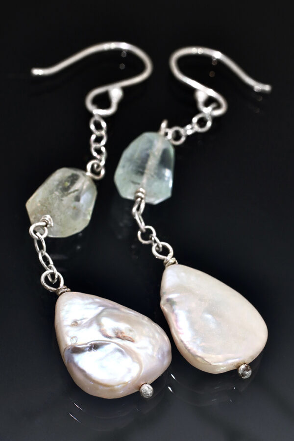 Beneath Waves Pearl Aquamarine Silver Earrings