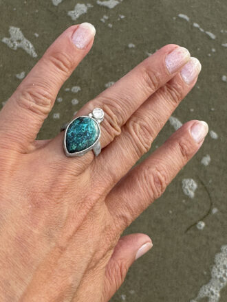 Chrysocolla Quartz Ocean Caves Silver Ring