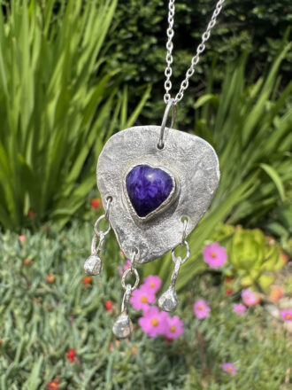 Silver Melted Guitar Pick Charoite Heart Necklace
