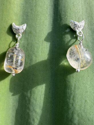 Ancient Silver Crescent Moon Rutilated Quartz Stud Earrings